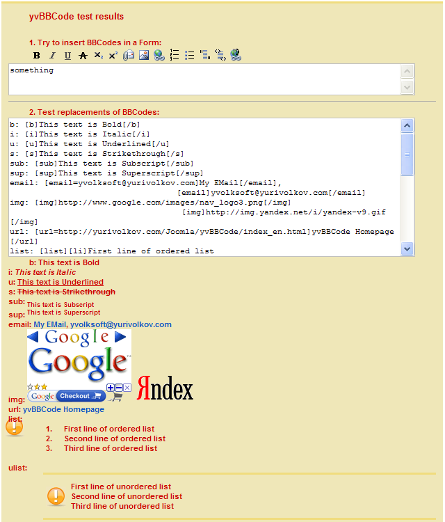 yvBBCode self test results with Debugging mode option set on