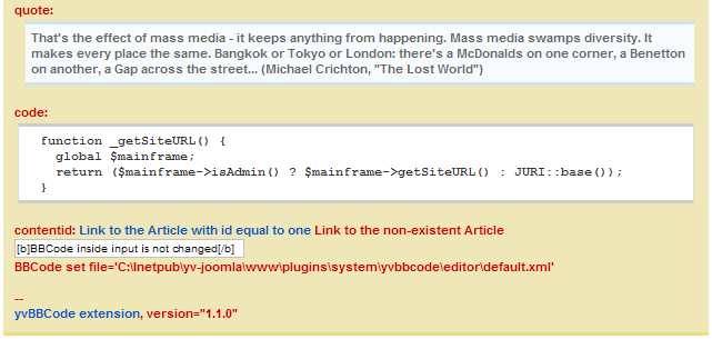 yvBBCode self test results with Debugging mode option set on