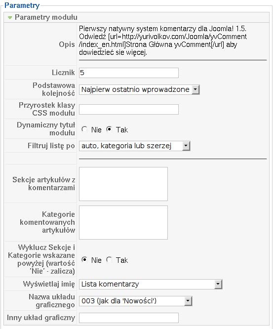 Przykładowe wartości parametrów modułu yvComment.