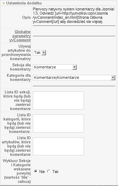 Przykładowe wartości parametrów dodatku yvComment. Część 1 z 4.
