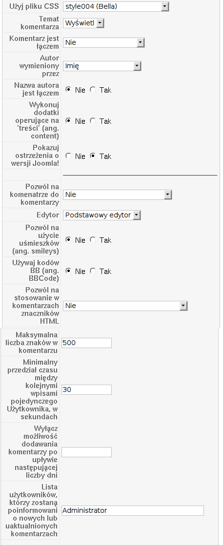 Przykładowe wartości parametrów dodatku yvComment. Część 2 z 4.