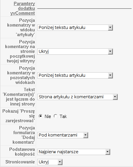 Przykładowe wartości parametrów dodatku yvComment. Część 4 z 4.