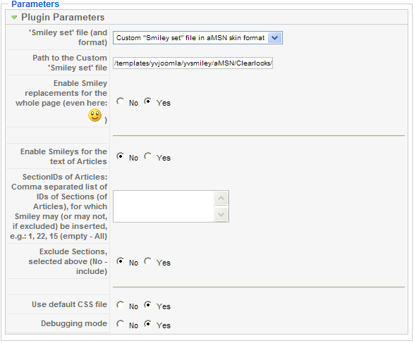 yvSmiley parameters