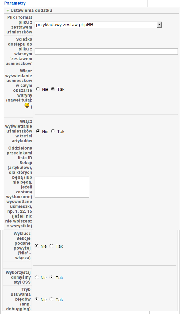 Parametry dodatku yvSmiley